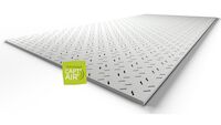 The linear perforated boards with repetitive pattern and acoustic insulation coating; CAPT'AIR technology for improved air quality;.