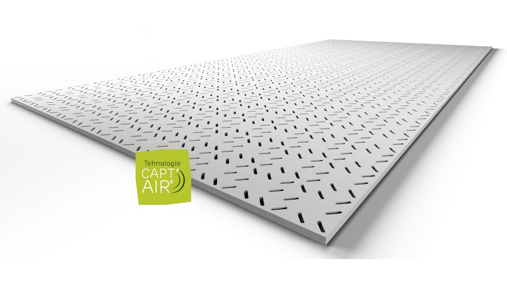 The linear perforated boards with repetitive pattern and acoustic insulation coating; CAPT'AIR technology for improved air quality;.