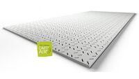 The linear perforated boards with repetitive pattern and acoustic insulation coating; CAPT'AIR technology for improved air quality;.